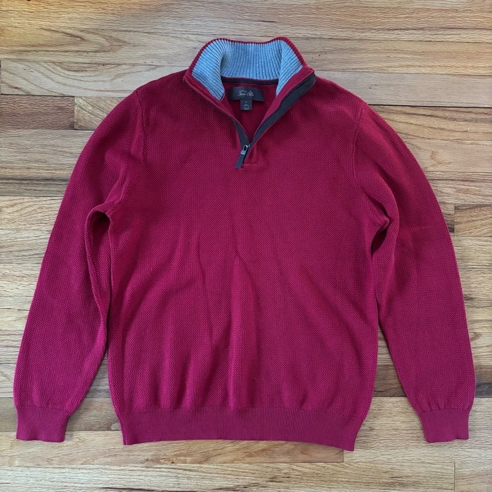 Tasso Elba Men's 100% Cotton Sweater Red Sz S Elbow Patch Mock Neck with zipper